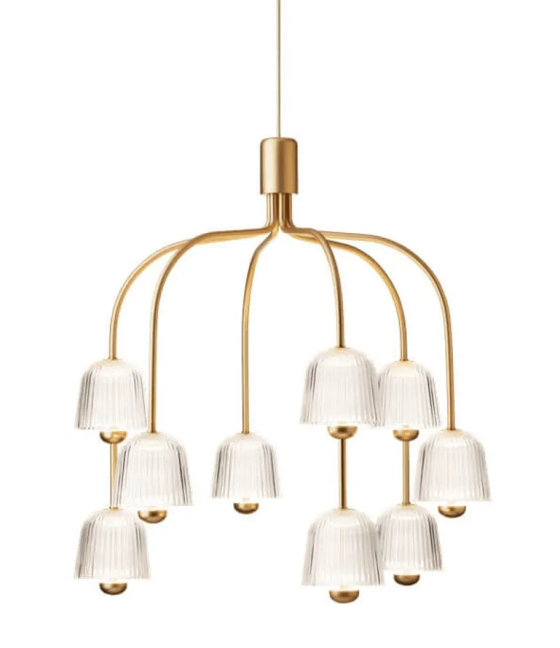 Best Asteea 9 lysekrone, satin messing/riflet klar Messinglamper|Spisebordslamper